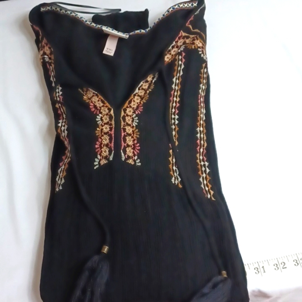Knox Rose Y2K Boho Krinkle Black Peasant Embroidery Midi Dress XXL Vintage - Picture 12 of 12